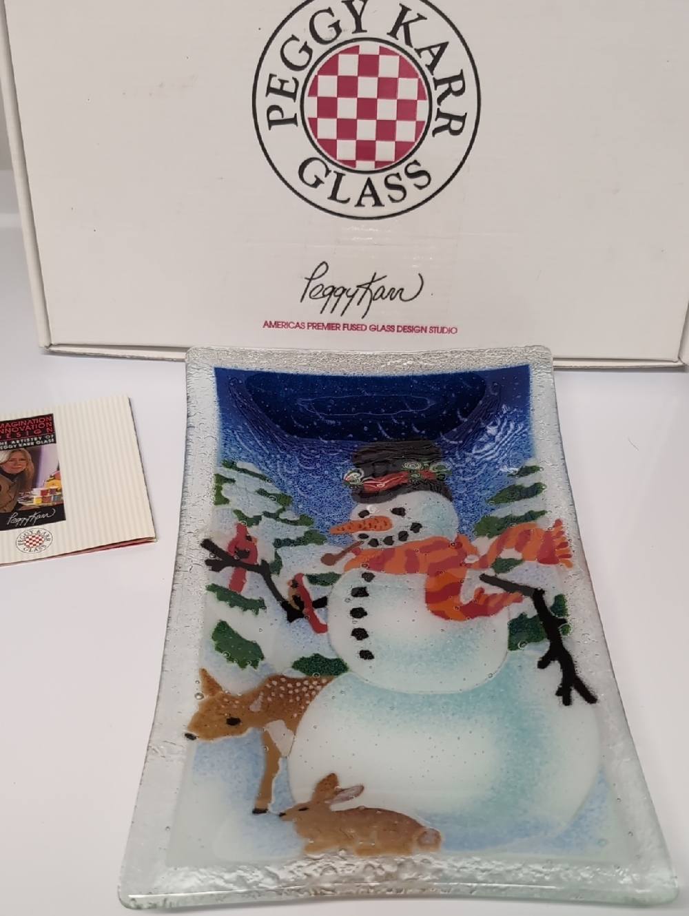 Peggy Karr Glass Snowman Plate 10x6 euc